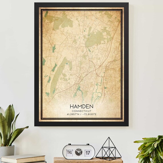 Vintage Hamden Connecticut Map Poster with Town Coordinates in Aged Style
