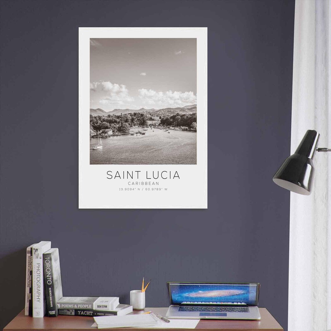 Saint Lucia Caribbean Harbor Hills Sailboats Black and White Poster - Image 3