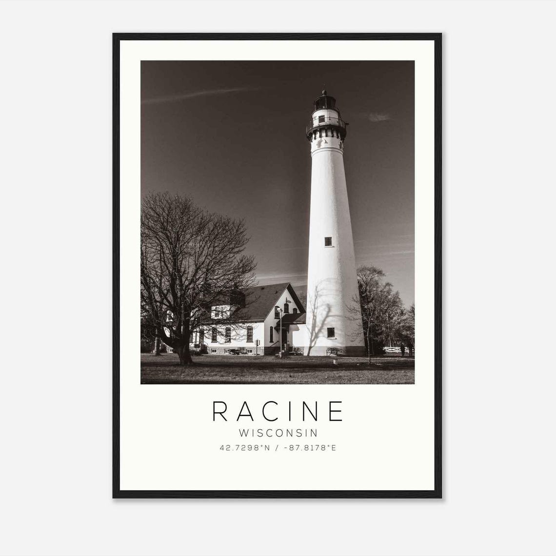 Racine Wisconsin Wind Point Lighthouse Black and White Photo Poster