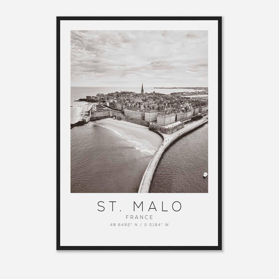 St Malo France Walled Coastal City Aerial Black and White Photo Poster