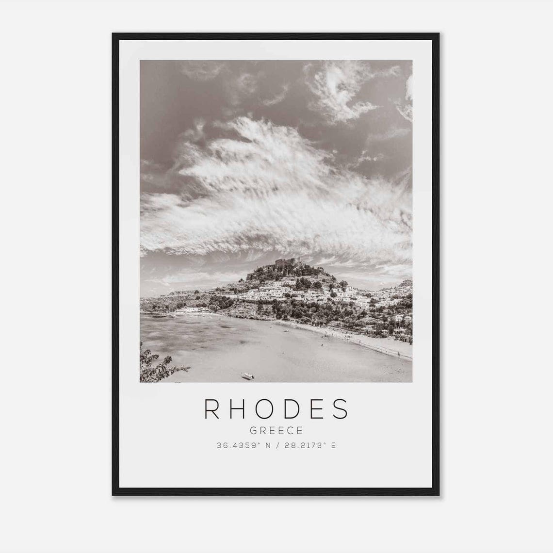 Rhodes Greece Black And White Beach And Hilltop Village Poster