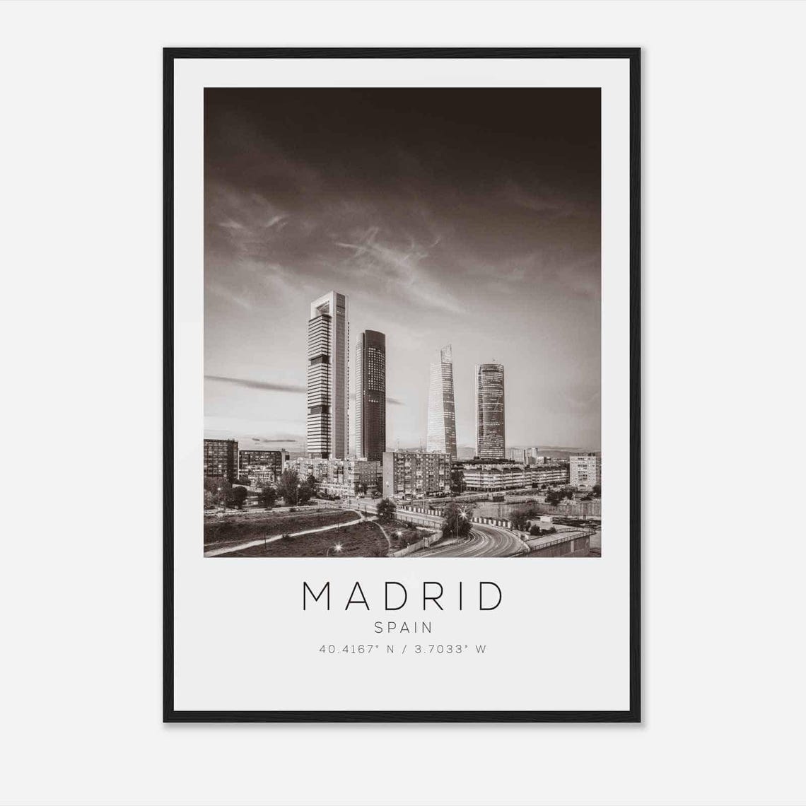 Madrid Spain Cuatro Torres Skyline Black and White Photo Poster