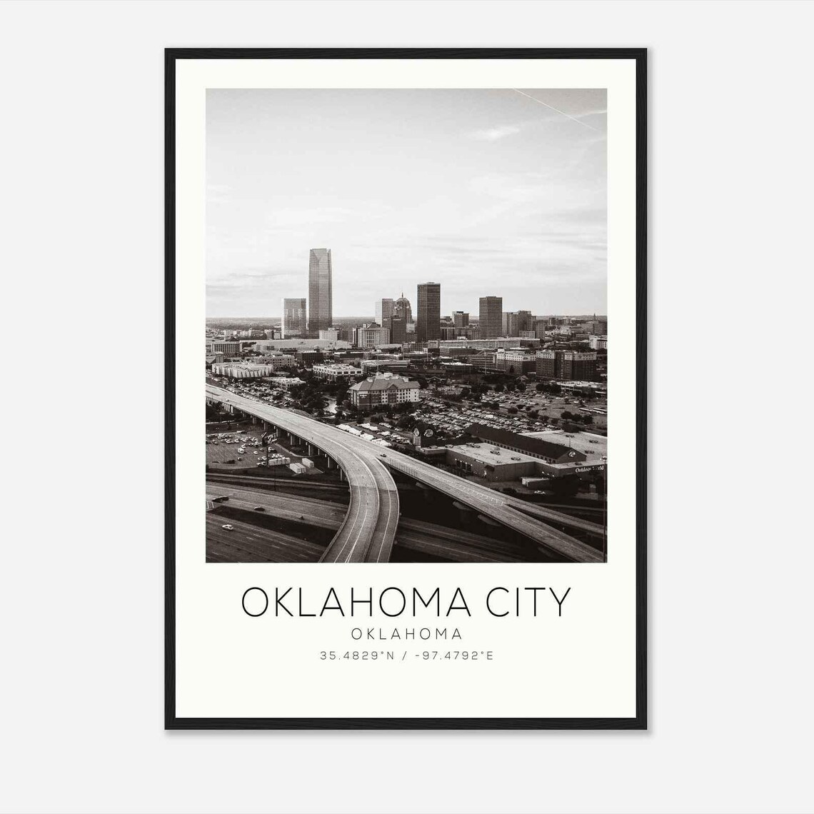Oklahoma City Highway Aerial Skyline Black and White Photo Poster