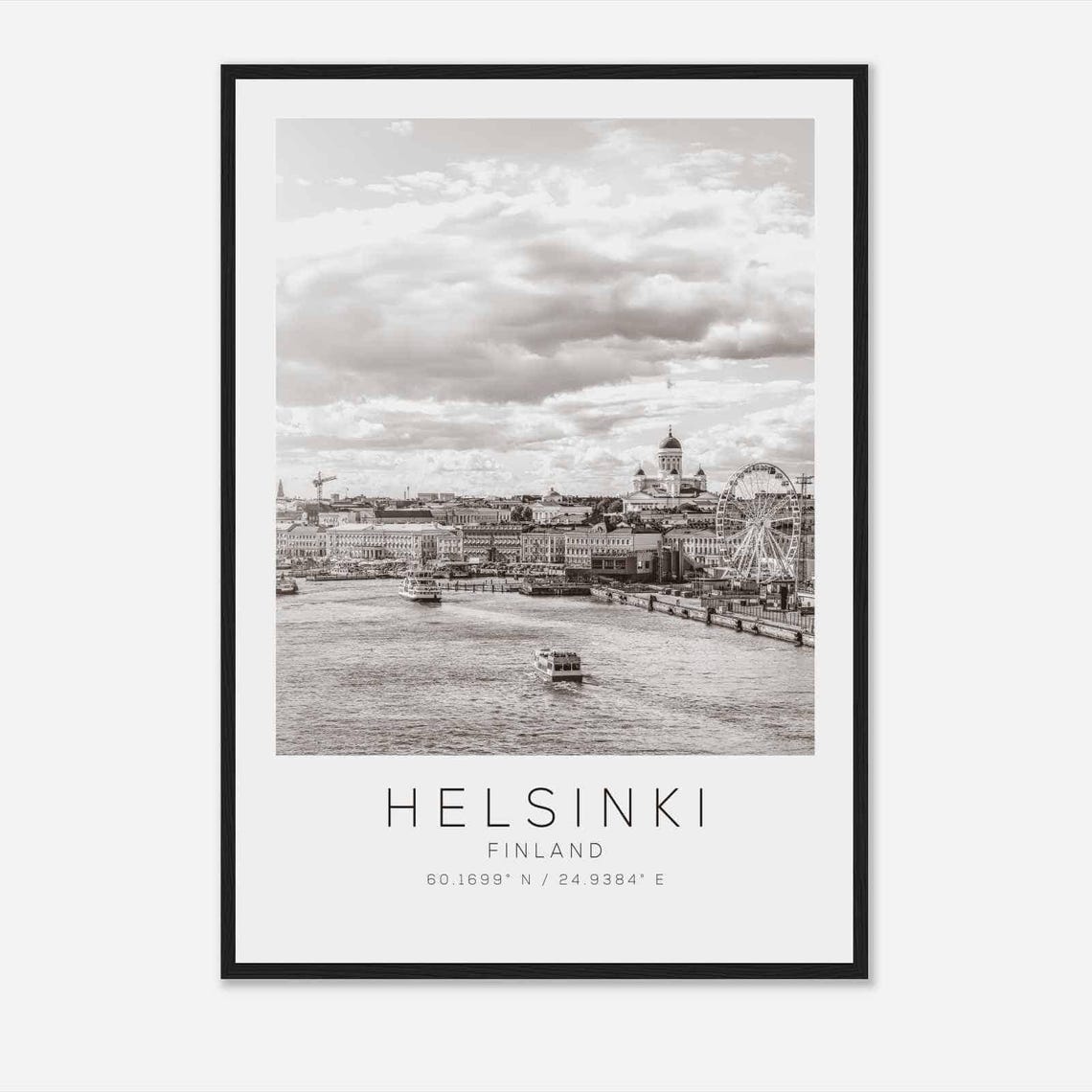 Helsinki Finland Black and White Harbor Ferris Wheel Skyline Poster