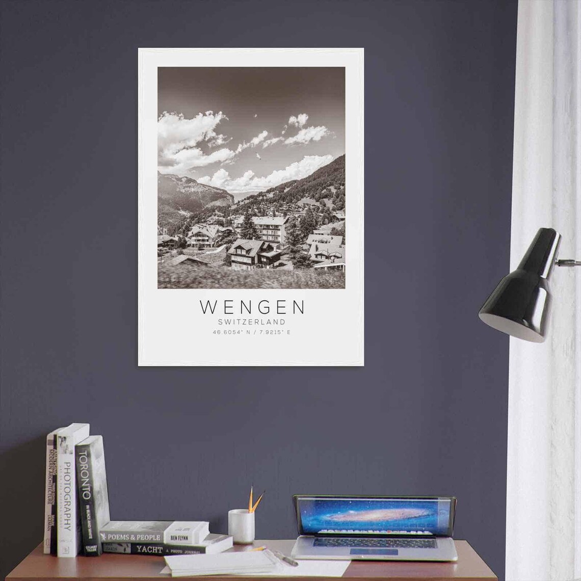 Wengen Switzerland Alpine Village Valley Black and White Poster - Image 3