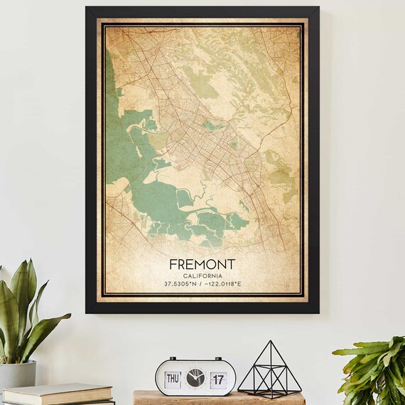 Vintage Fremont California City Map Poster With Coordinates Art