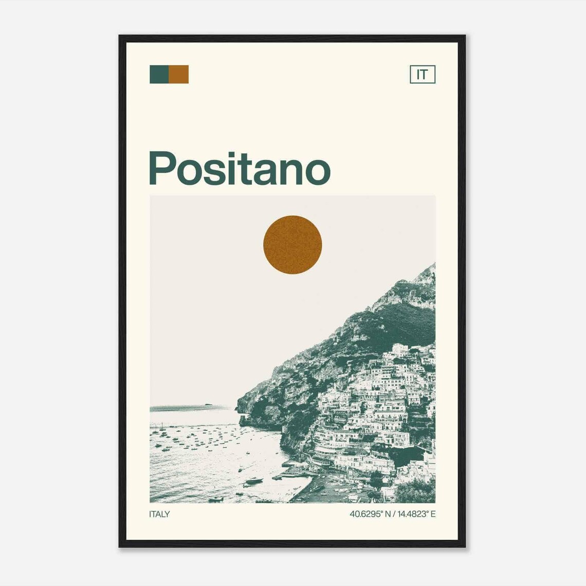 Positano Italy Amalfi Coast Cliff Town Boats Sun Duotone Travel Poster