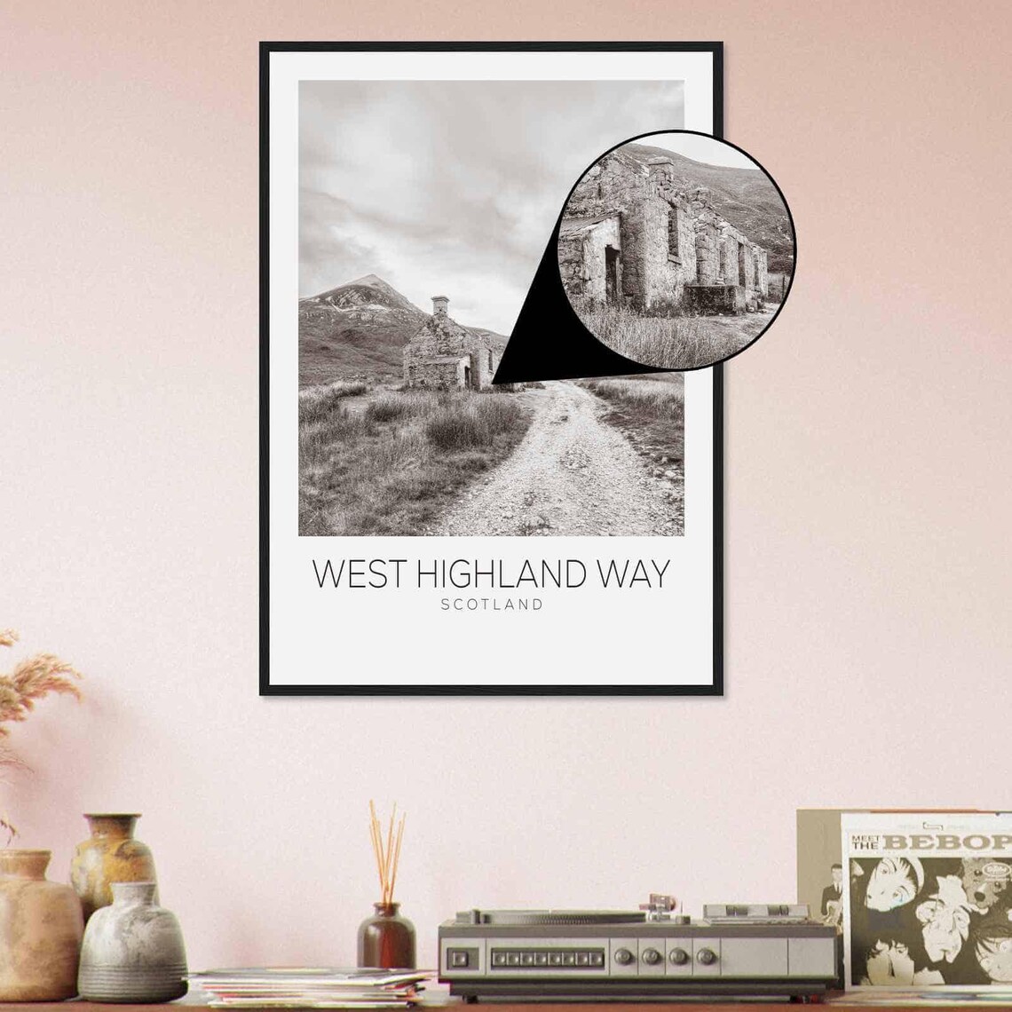 West Highland Way Scotland Stone Cottage Mountain Black White Poster - Image 4