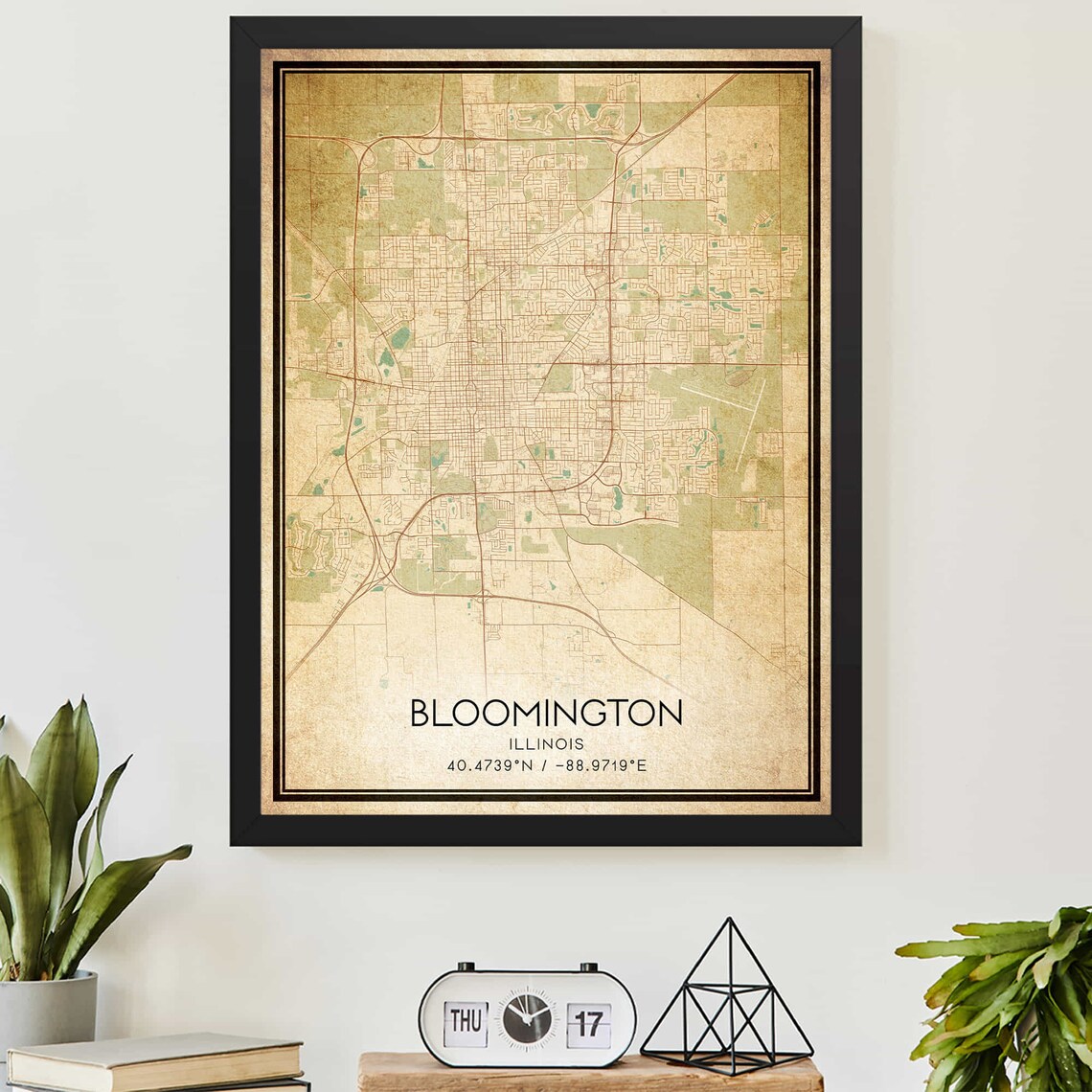 Bloomington Illinois Vintage City Street Map Distressed Travel Poster