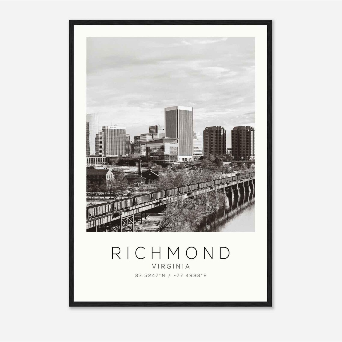 Richmond Virginia Skyline Railroad Bridge Black and White Photo Poster