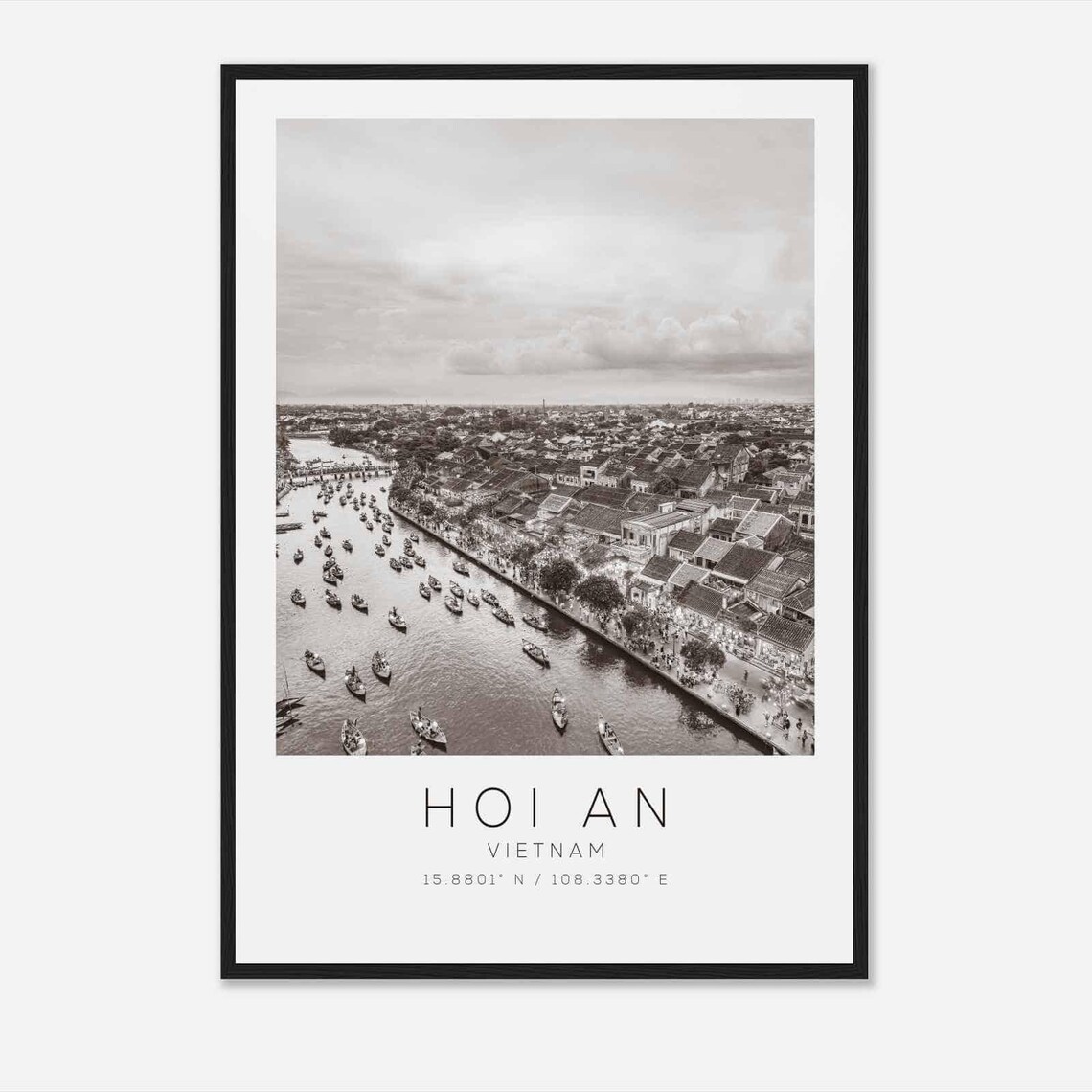Hoi An Vietnam Black and White Riverside Boats Town View Poster