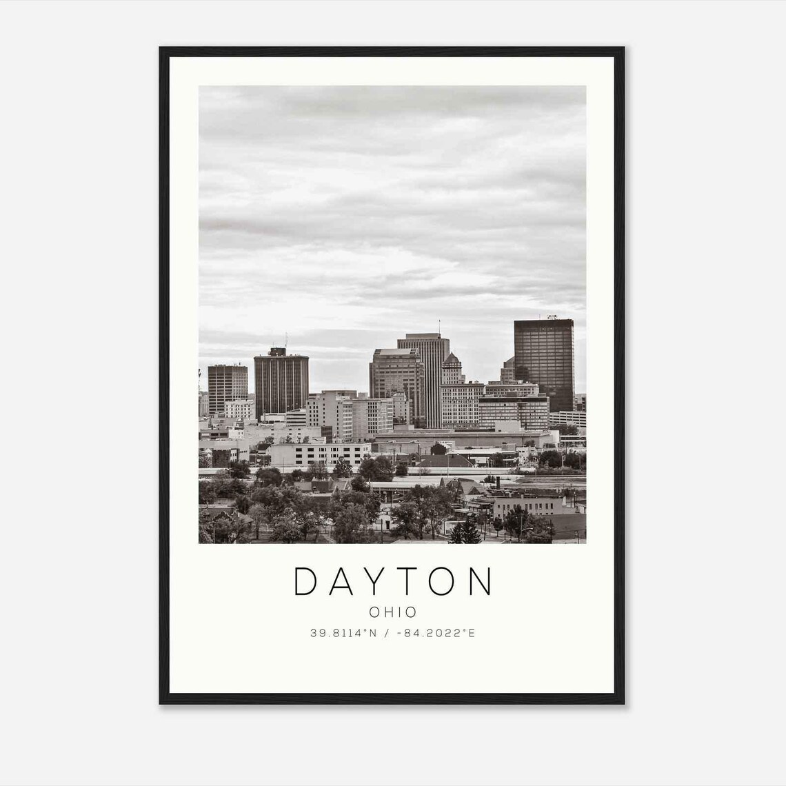 Dayton Ohio Downtown Skyline Cloudy Sky Black White Photo Poster