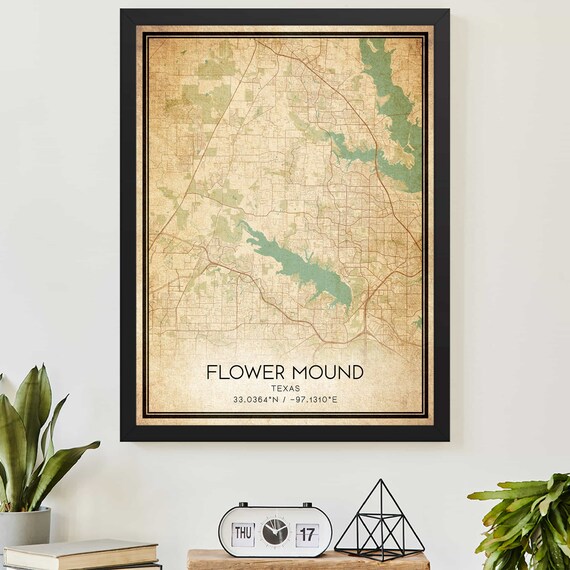 Vintage Flower Mound Texas City Map Poster With Coordinates Decor