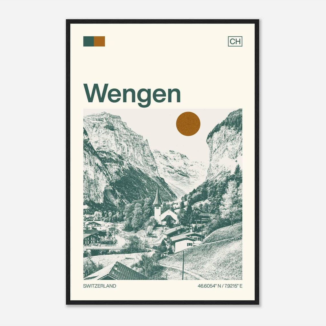 Wengen Switzerland Alpine Village Church Vintage Travel Poster