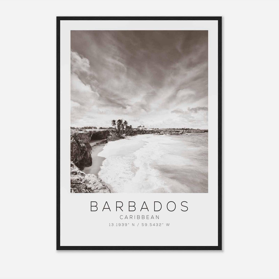 Barbados Caribbean Beach Cliffs Black White Minimalist Poster