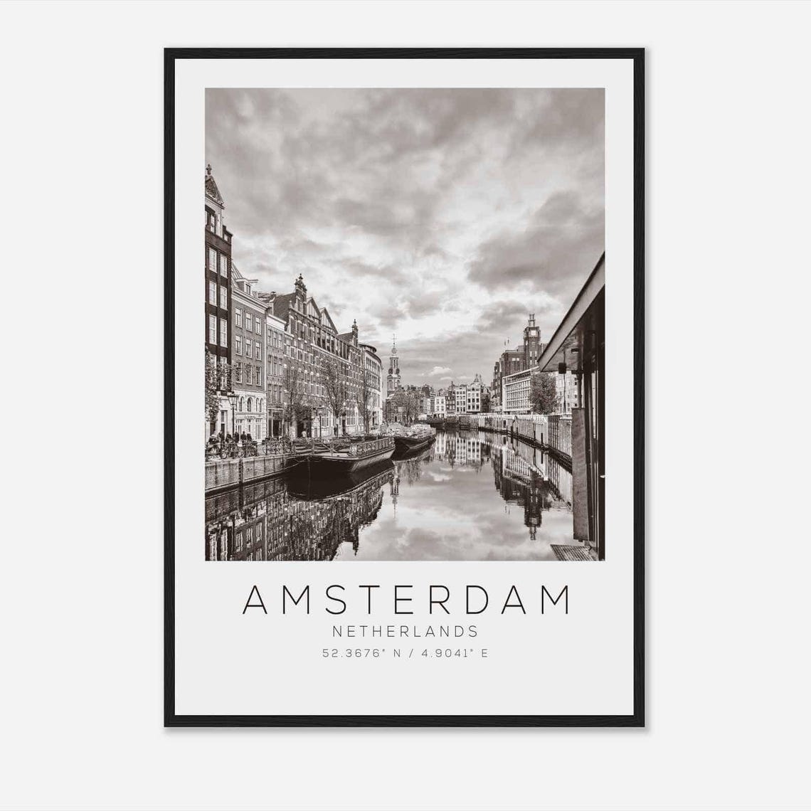 Amsterdam Netherlands Canal Houses Black and White Travel Poster