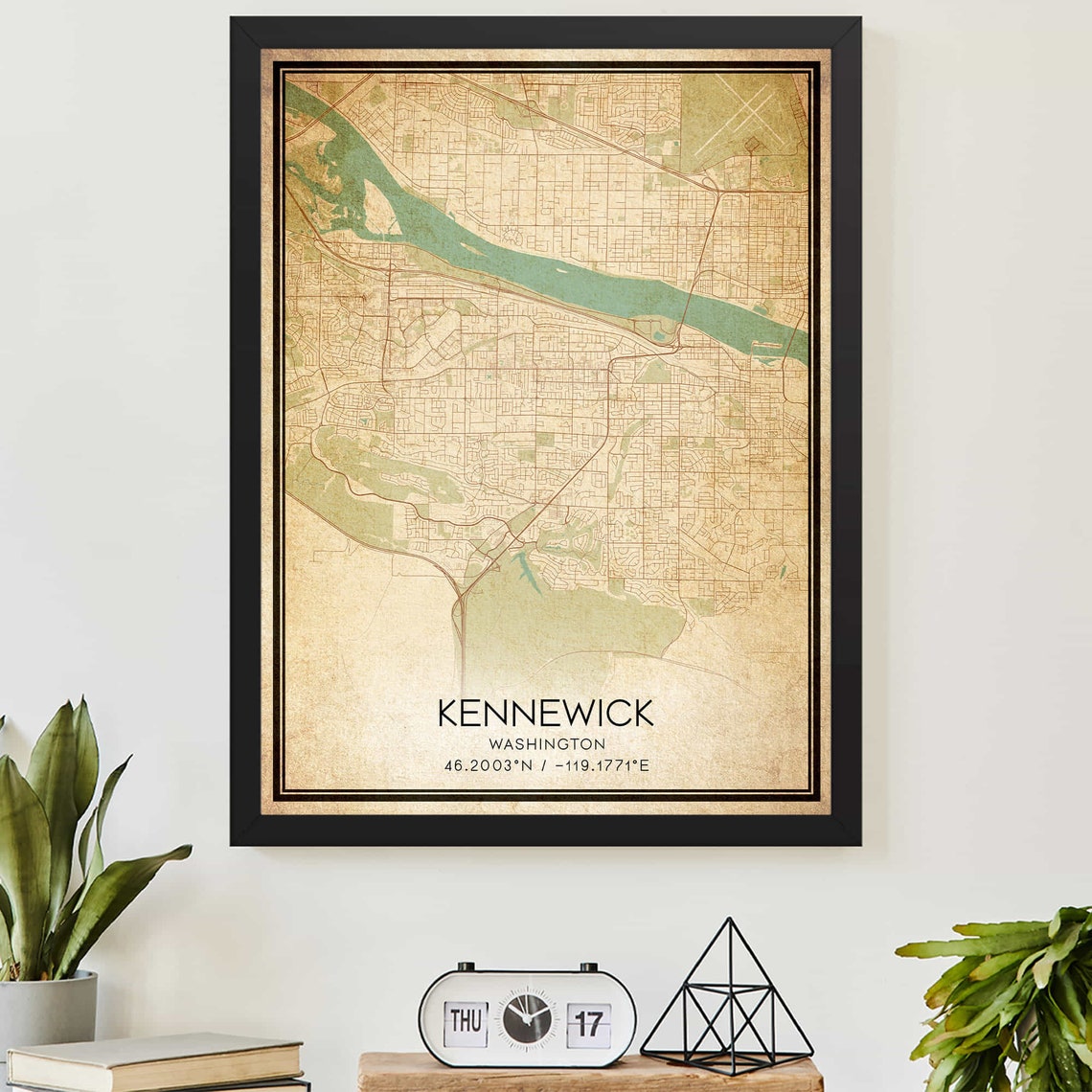 Vintage Kennewick Washington City Street Map Coordinates Poster