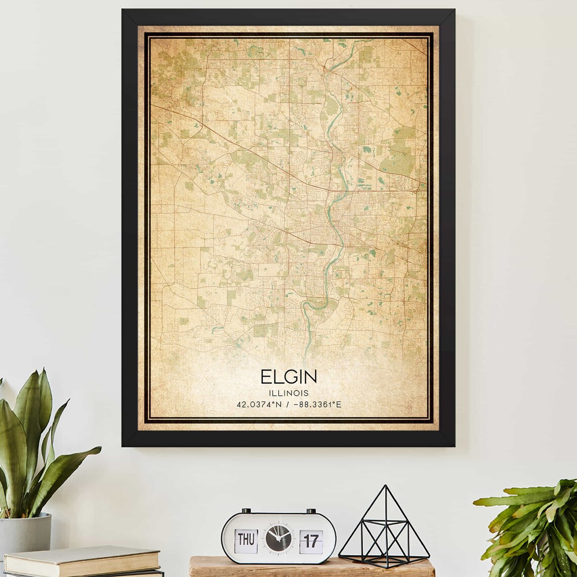 Elgin Illinois Vintage Street Map Coordinates Hometown Art Poster