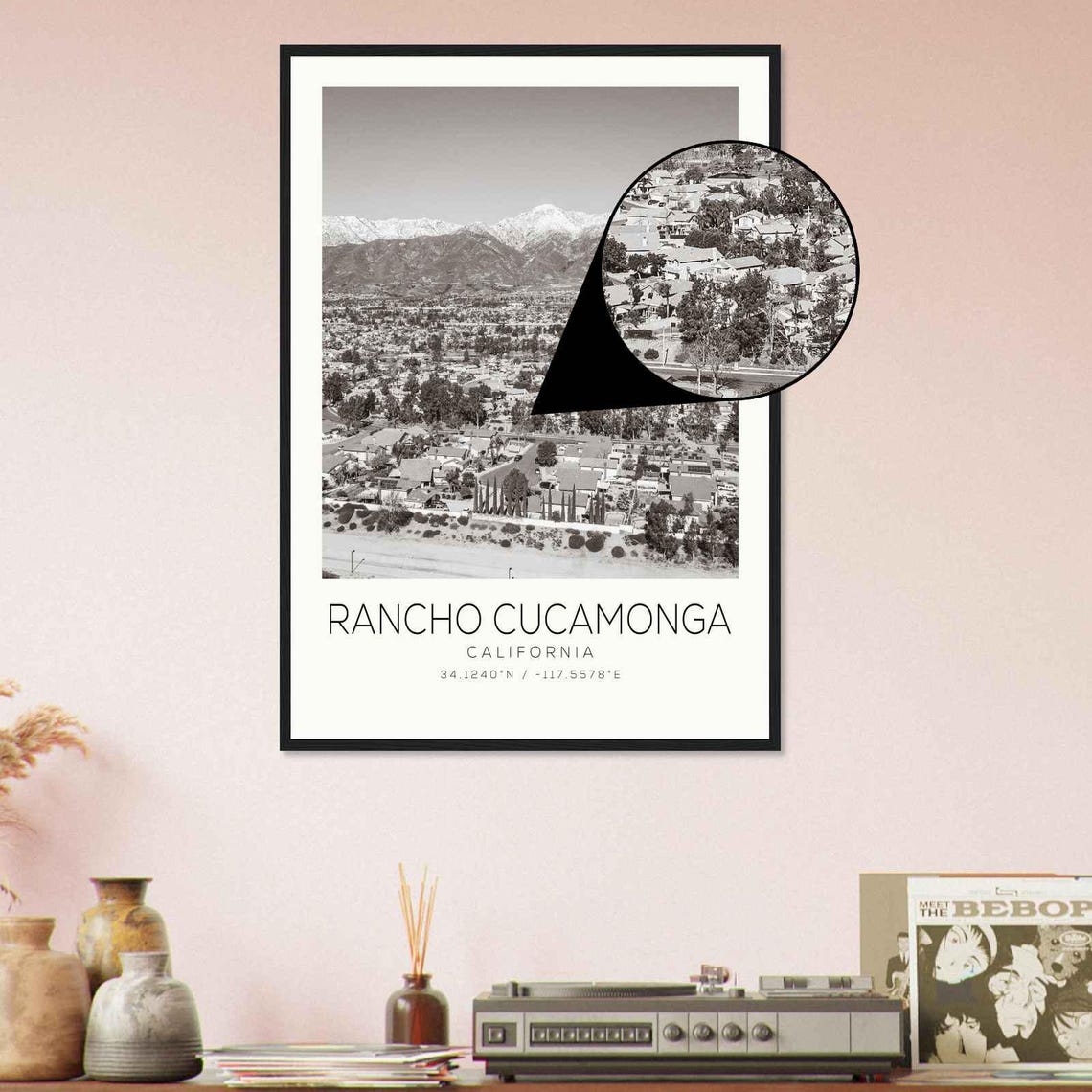 Rancho Cucamonga California Mountain Aerial Black and White Poster - Image 4