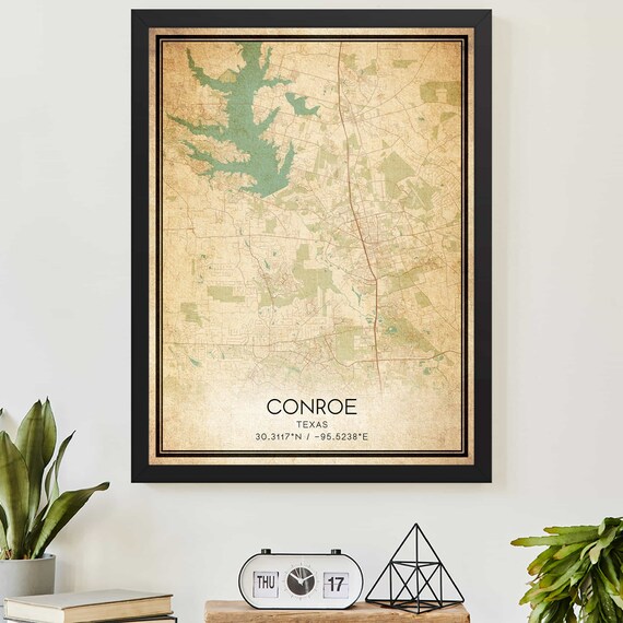 Conroe Texas Vintage City Map Lake Conroe Coordinates Art Print