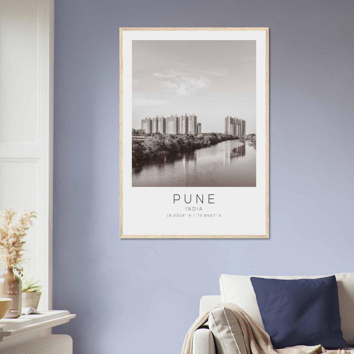 Pune India River Skyline Modern High Rises Black and White Poster - Image 2