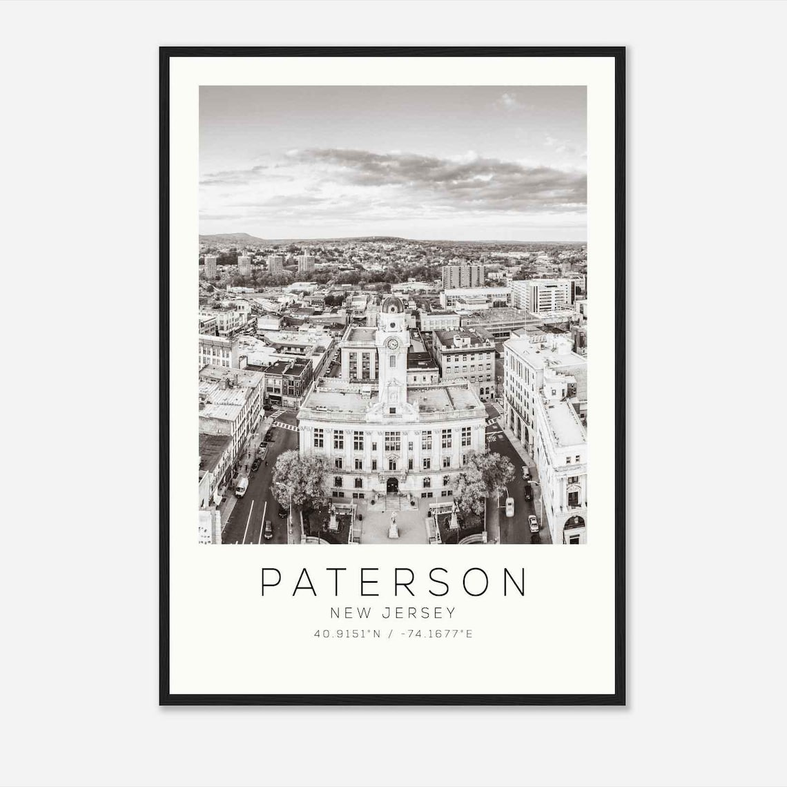 Paterson New Jersey Historic Clock Tower Aerial Black and White Photo Poster
