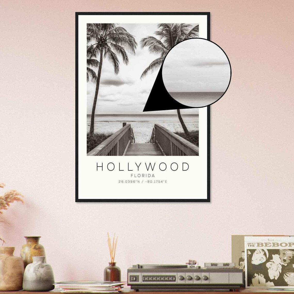 Hollywood Florida Beach Boardwalk Palm Trees Black White Travel Poster - Image 4