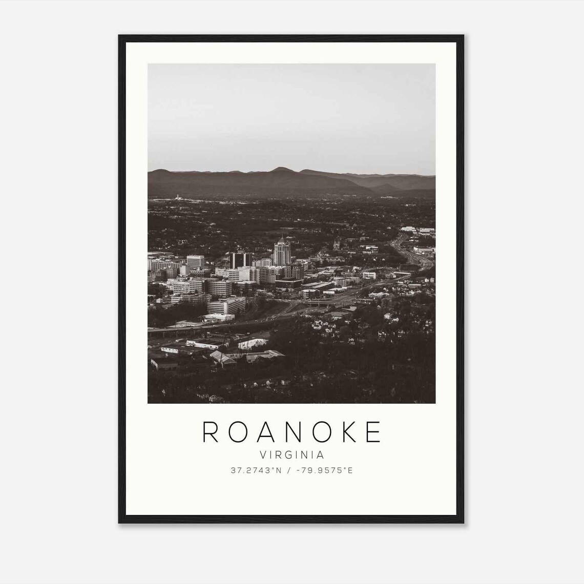 Roanoke Virginia Dusk Skyline Mountain Black and White Photo Poster