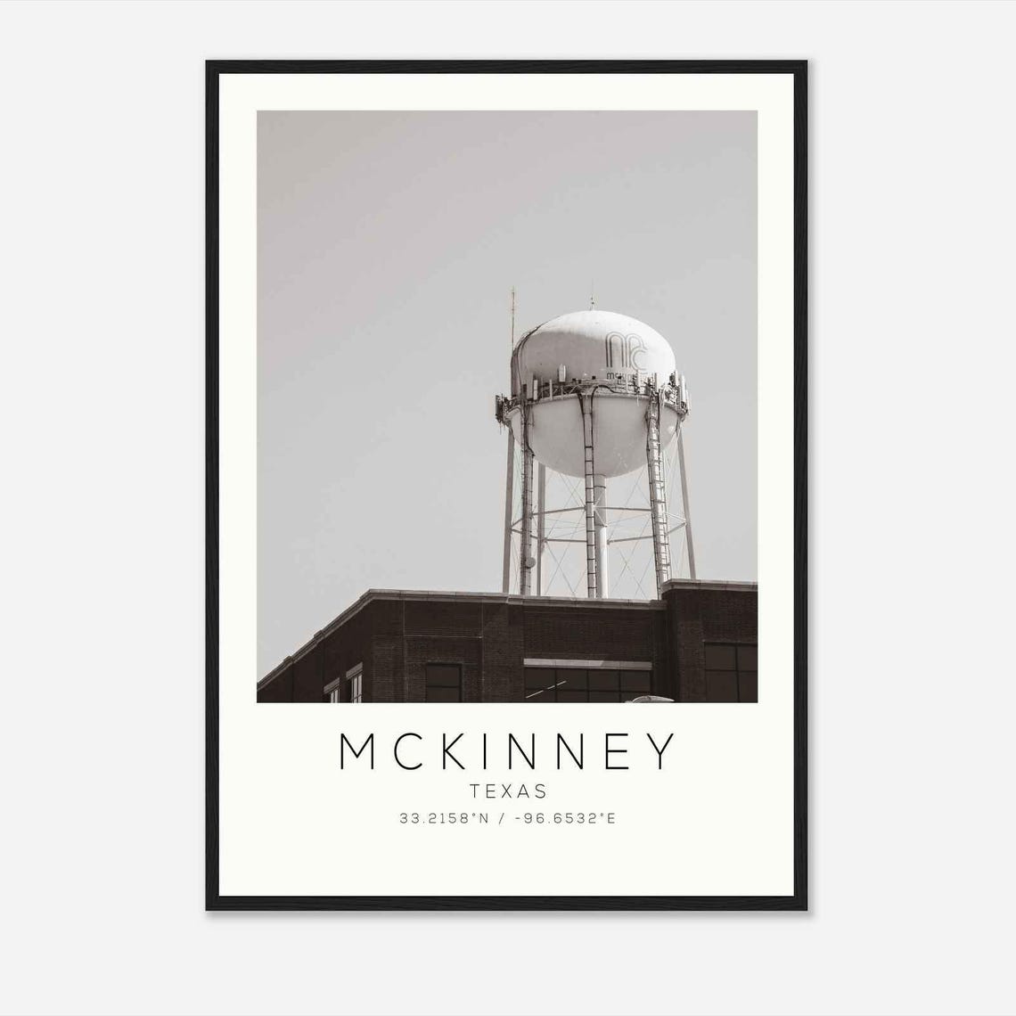 McKinney Texas Downtown Water Tower Black And White Photo Poster
