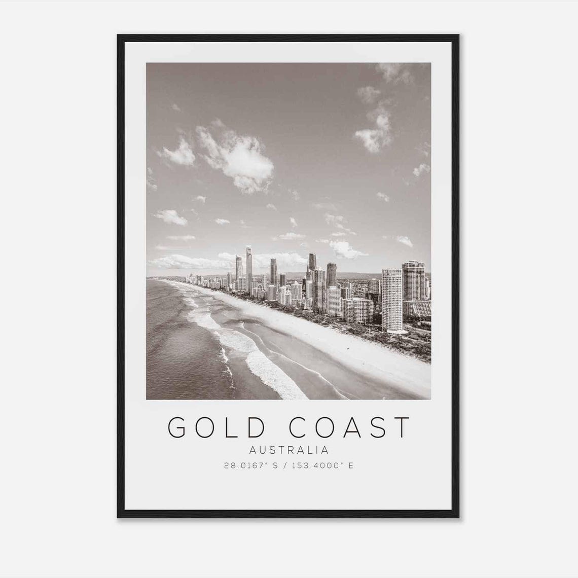 Gold Coast Australia Black and White Beach Skyline Aerial Poster