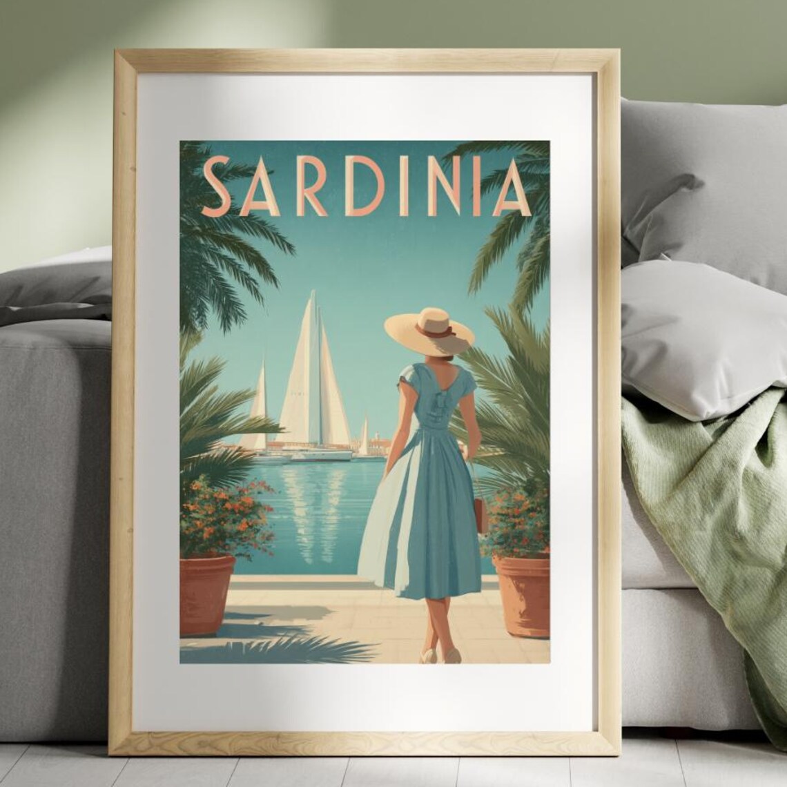 Sardinia Italy Woman Sunhat Sailboats Retro Vintage Travel Poster