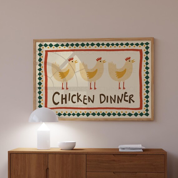 Chicken Dinner Three Hens Folk Art Decorative Kitchen Poster