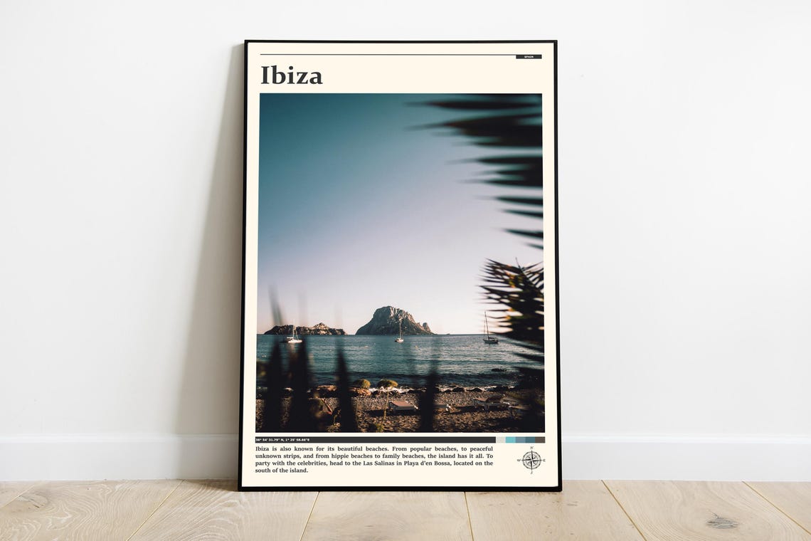 Ibiza Es Vedra Rock Sunset Sailboats Beach Silhouette Poster