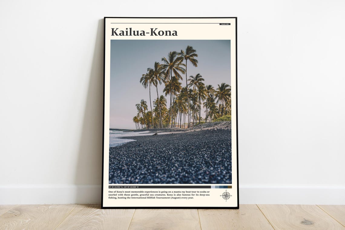 Kailua Kona Black Sand Beach Palm Trees Hawaii Coast Scene Poster