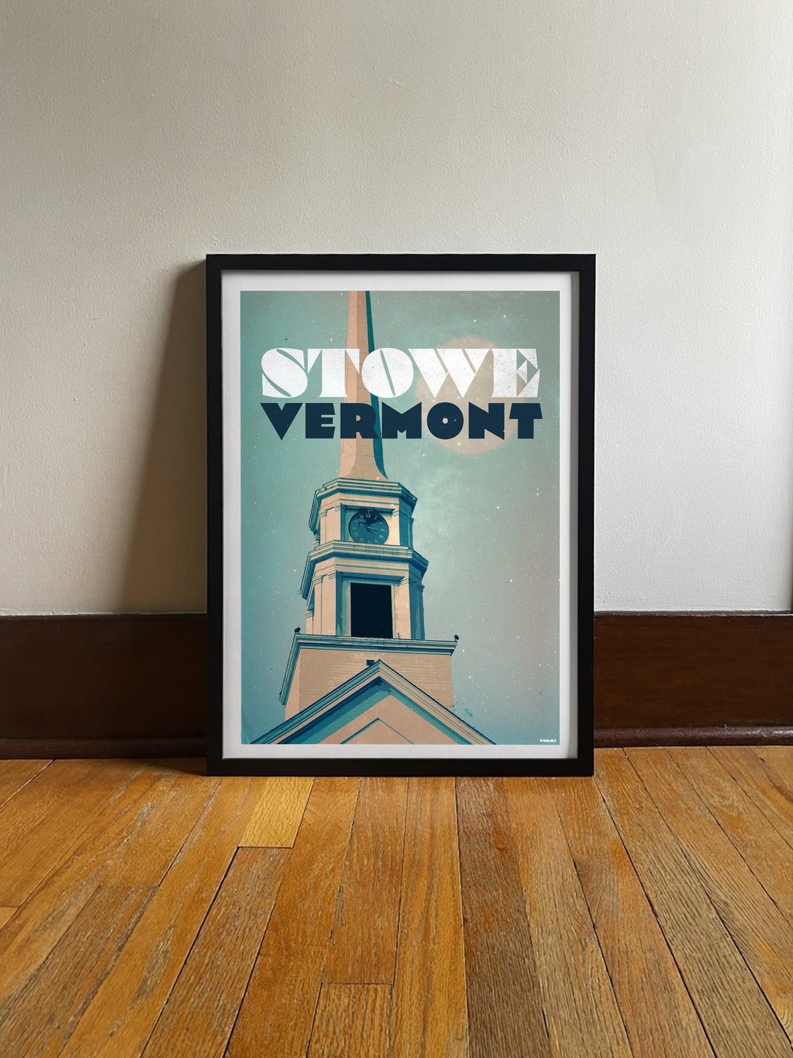 Stowe Vermont Church Steeple Clock Starry Sky Vintage Travel Poster