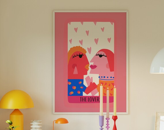 The Lovers Tarot Style Couple Illustration Poster in Bright Pop Art Colors