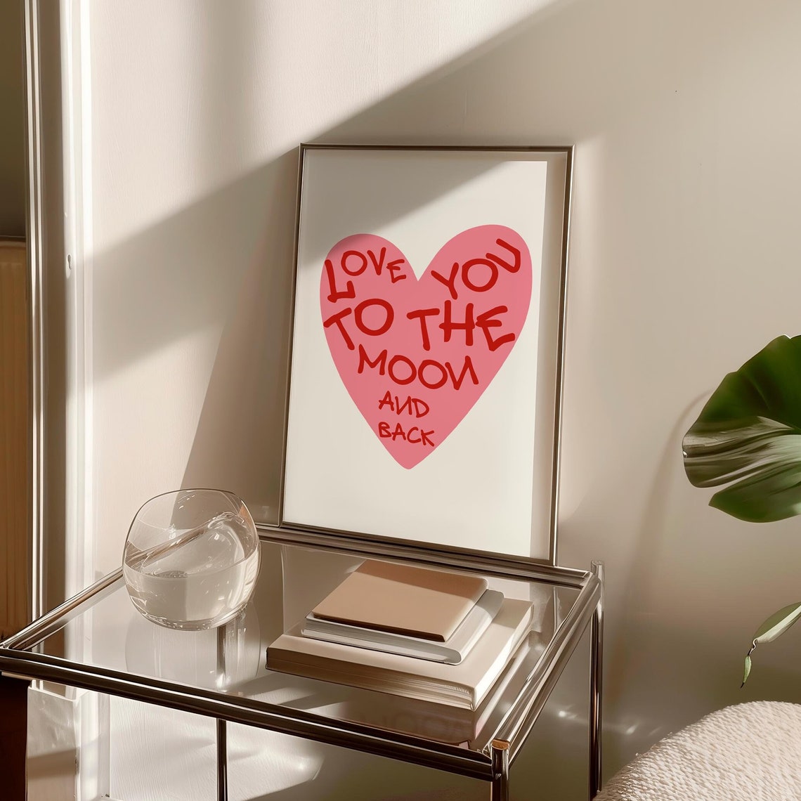 Love You to the Moon and Back Pink Heart Nursery Wall Poster Decor