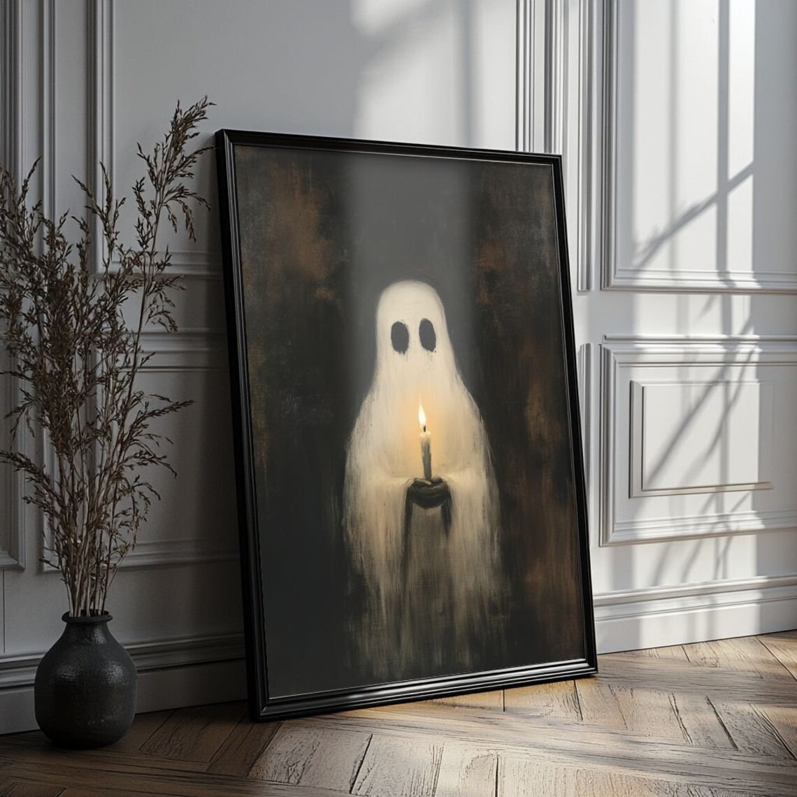 Spooky White Ghost Holding Candle Dark Moody Halloween Art Poster - Image 4