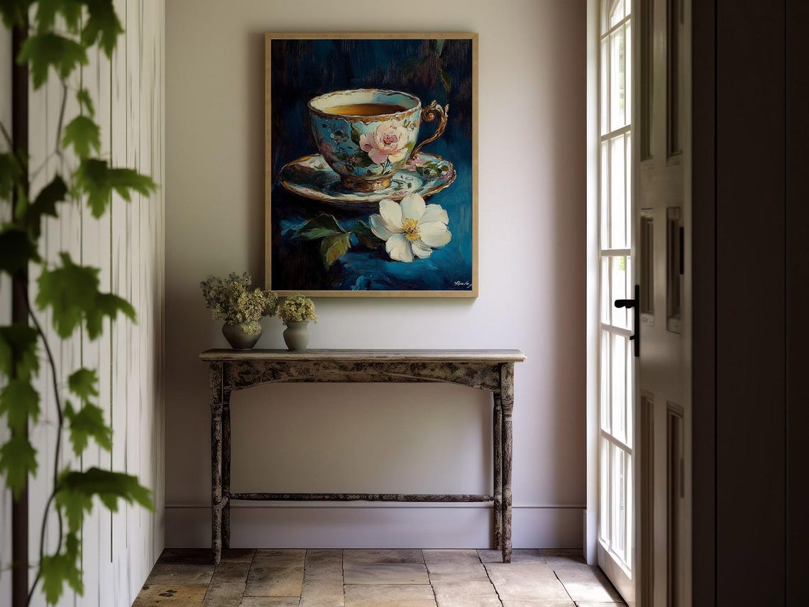 Vintage Teacup Print Antique Floral Print English Porcelain Teacup Art Flower Poster Botanical Print White Flower Art Large Wall Art - Image 3