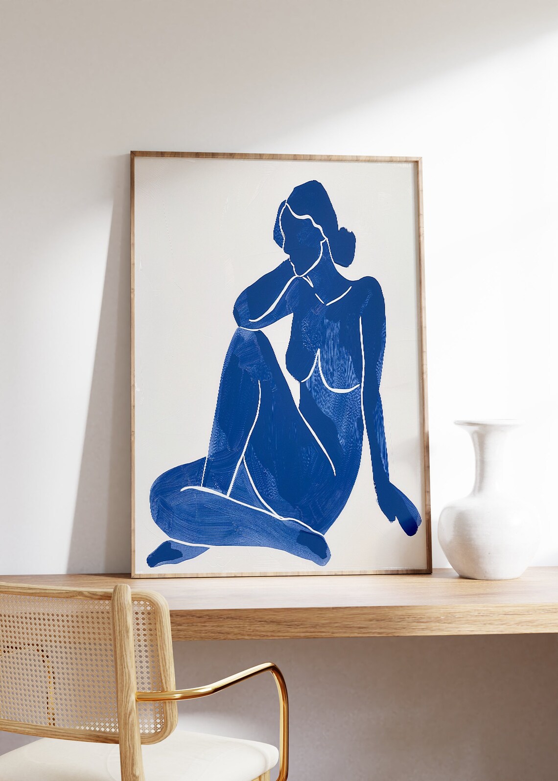 Cobalt Blue Seated Woman Minimalist Modern Figure Poster Art - Image 3
