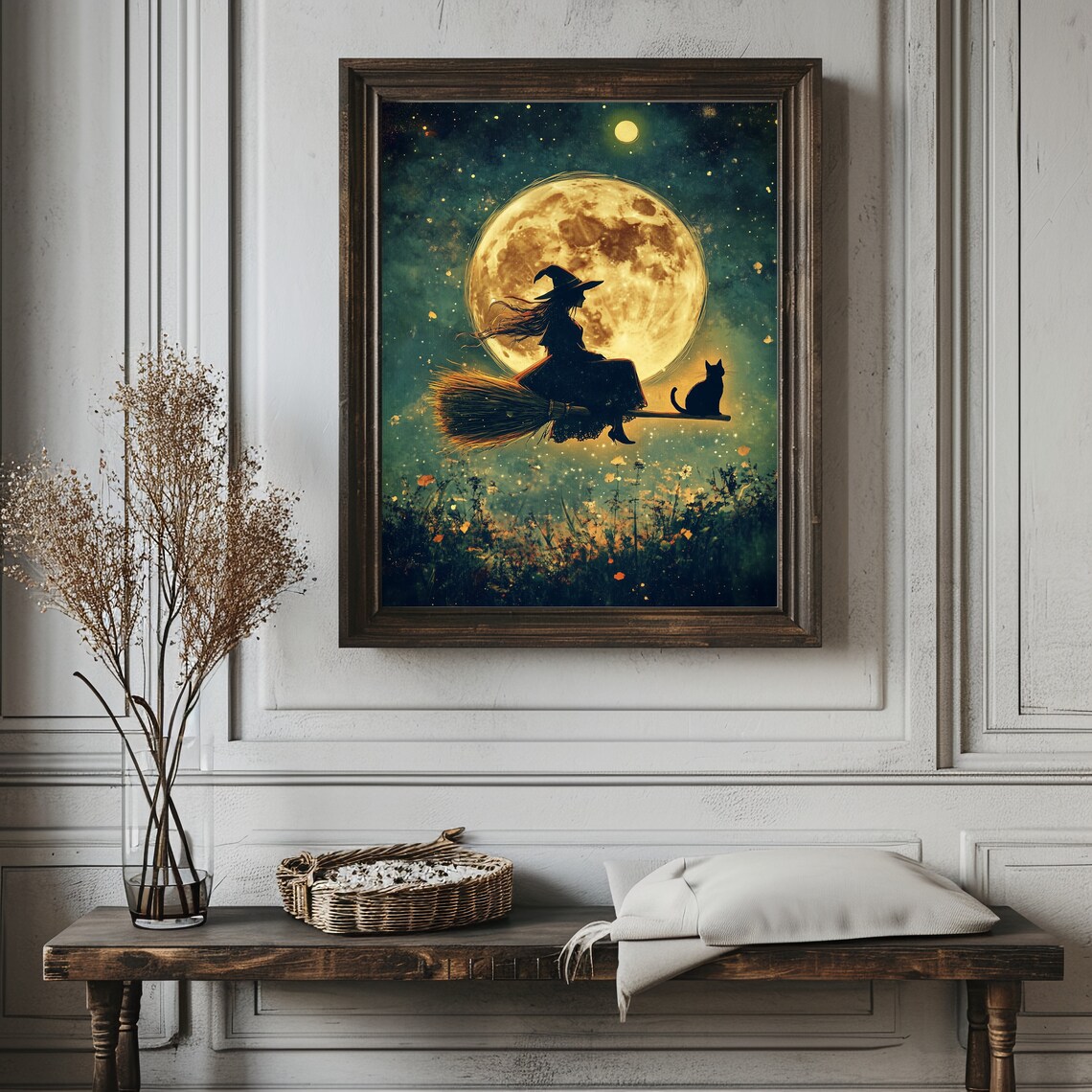 Witch And Black Cat Flying On Broom Past Full Moon Halloween Poster - Image 2