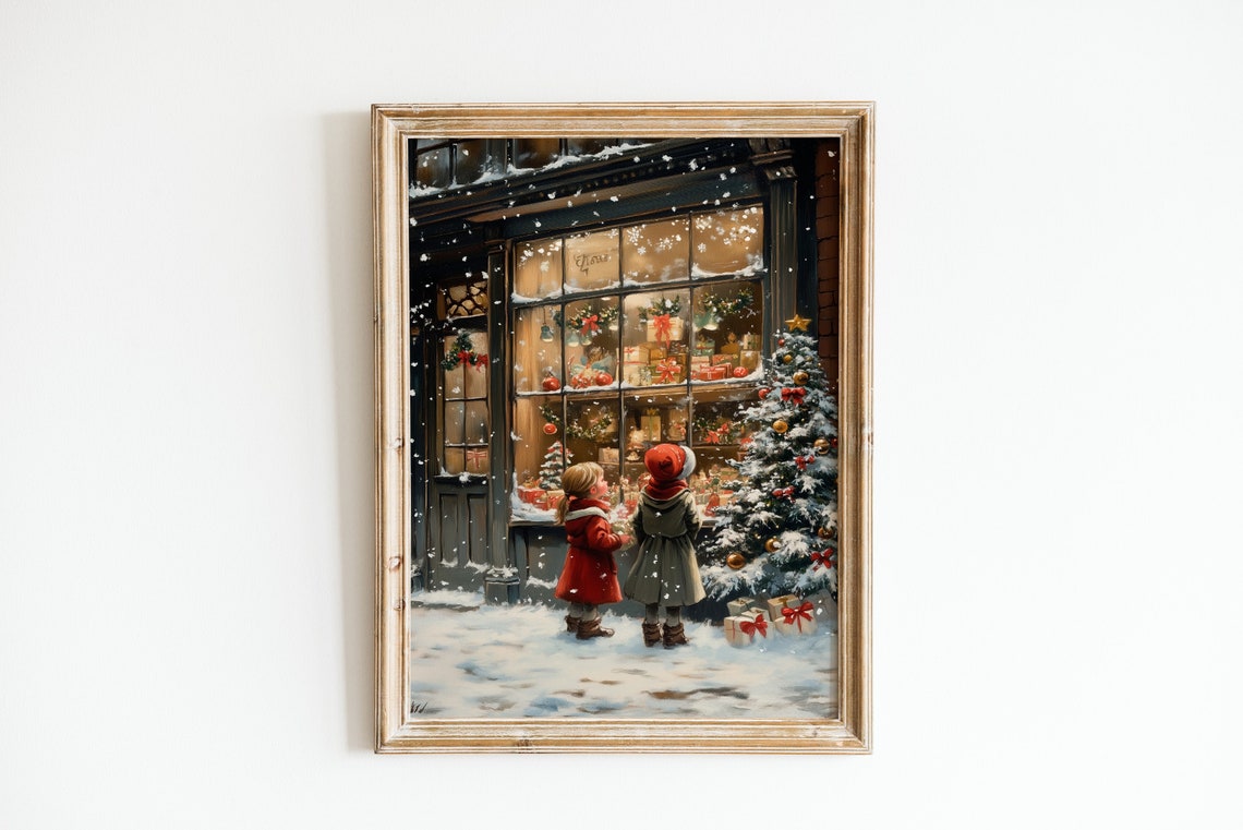 Two Children at Christmas Gift Shop, Vintage Poster - Image 3
