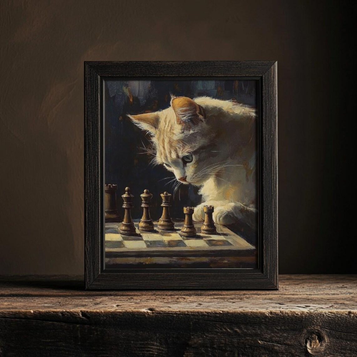 Curious Ginger Cat Examining Chess Board Classic Oil Painting Poster - Image 3