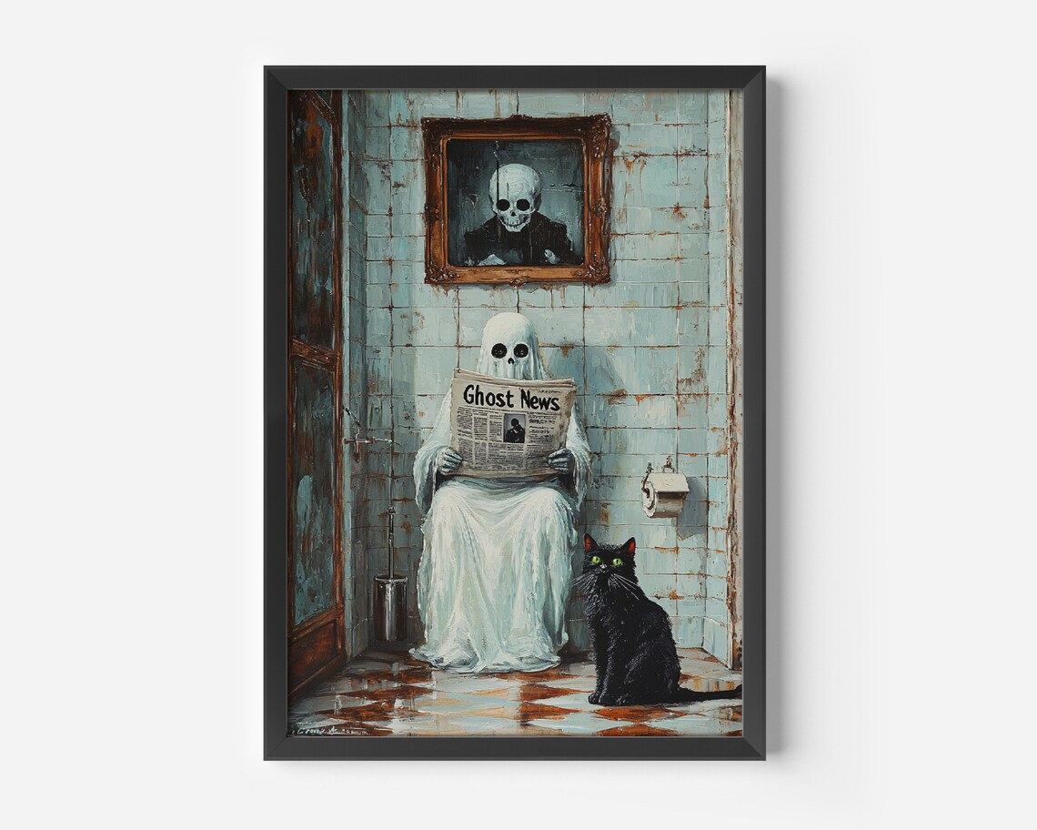 Funny Ghost Reading the News on the Toilet in a Vintage Bathroom Poster - Image 4