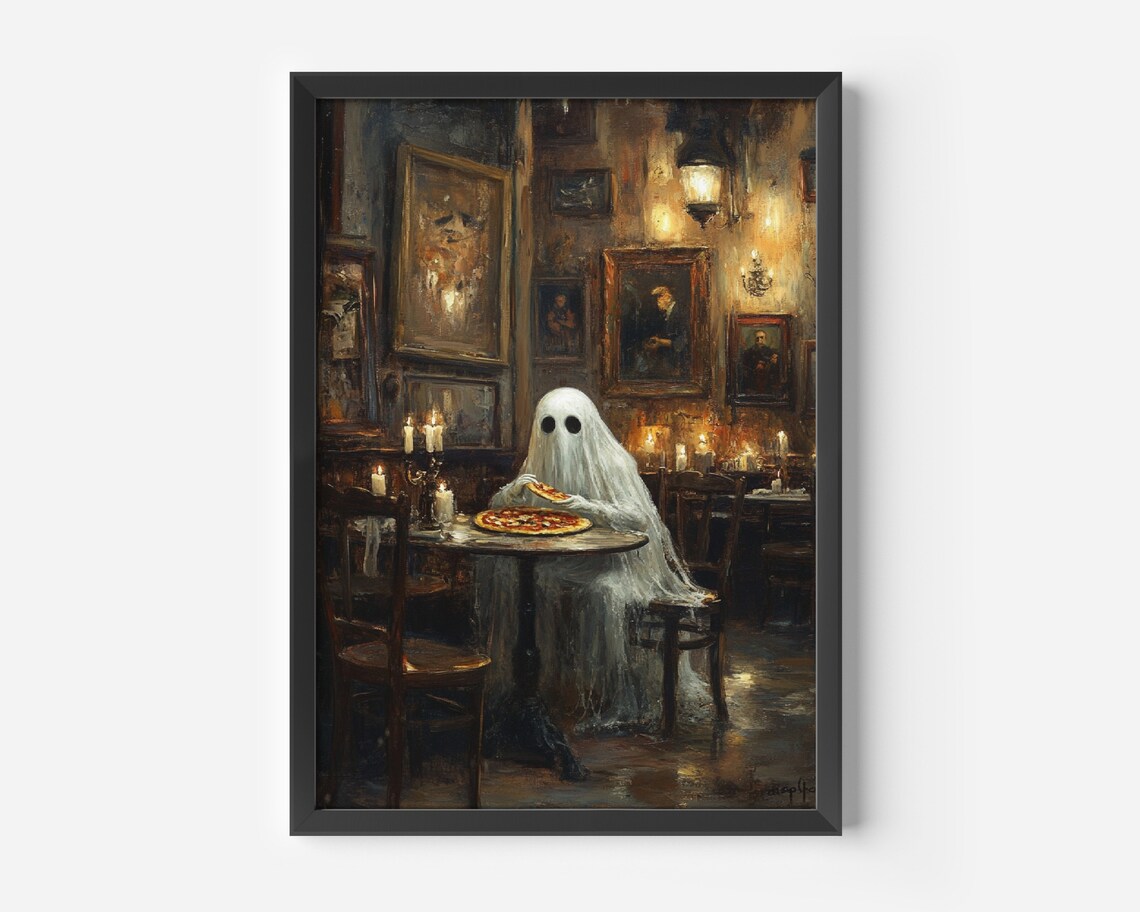 Ghost Eating Pizza Halloween Print, Dark Academia - Image 2