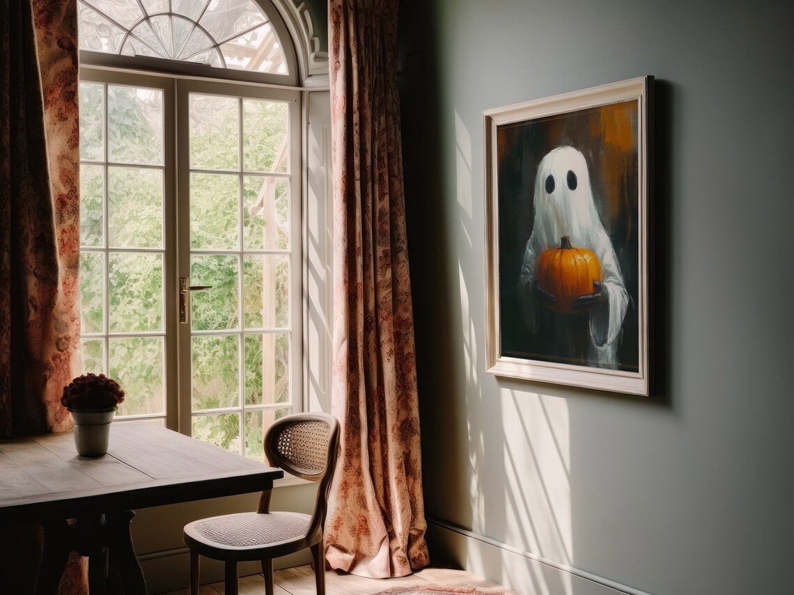 Ghost With Pumpkin Halloween Art Print, Dark Academia - Image 3