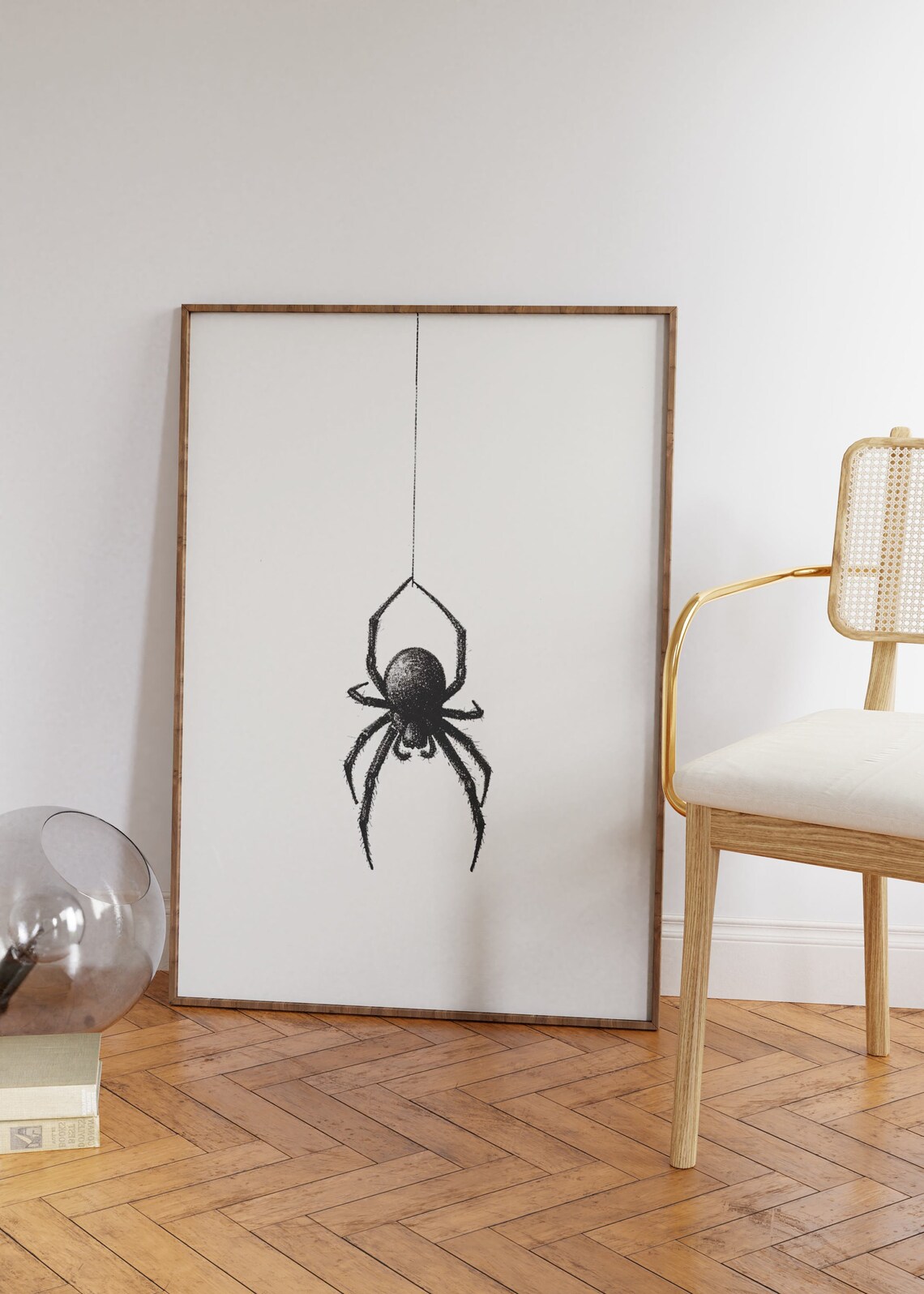 Minimalist Black Spider Hanging From A Single Thread Line Art Poster - Image 4