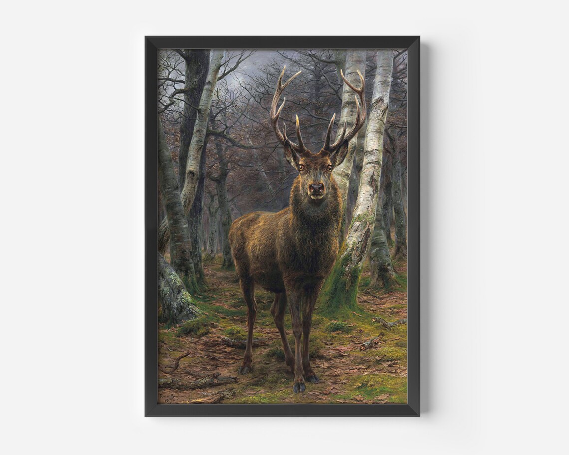 Majestic Red Deer Stag Birch Forest Classic Oil Painting Wildlife Poster