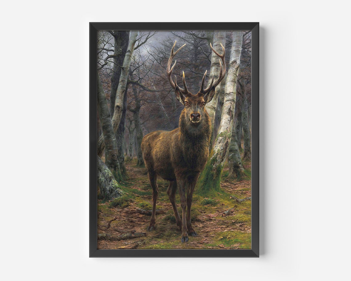 Red Deer Stag Buck In The Forest Print Vintage Wild Animal Poster Large Wall Art Nature Painting Deer Painting Farmhouse Wall Decor