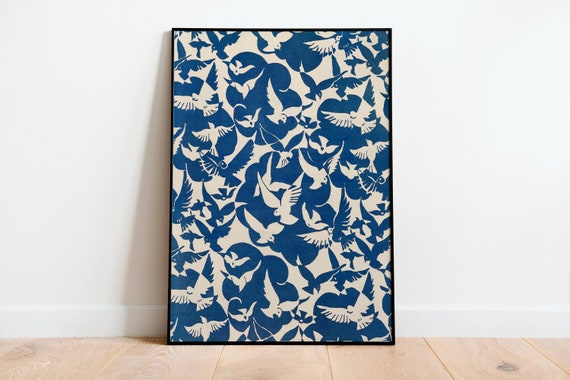 Pigeons in White and Blue, Vintage Bird Art Print